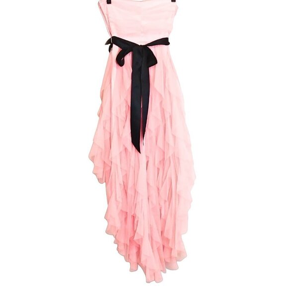 PINK ORGANZA HIGH-LOW PARTY DRESS W/ BLACK ROSETTE FLOWER WAIST BELT - Picture 2 of 6